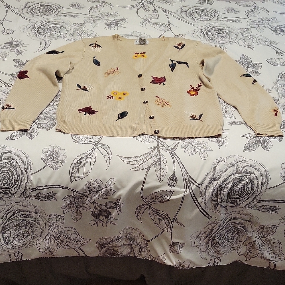 Alfred Dunner Floral Embroidered Tan Cardigan